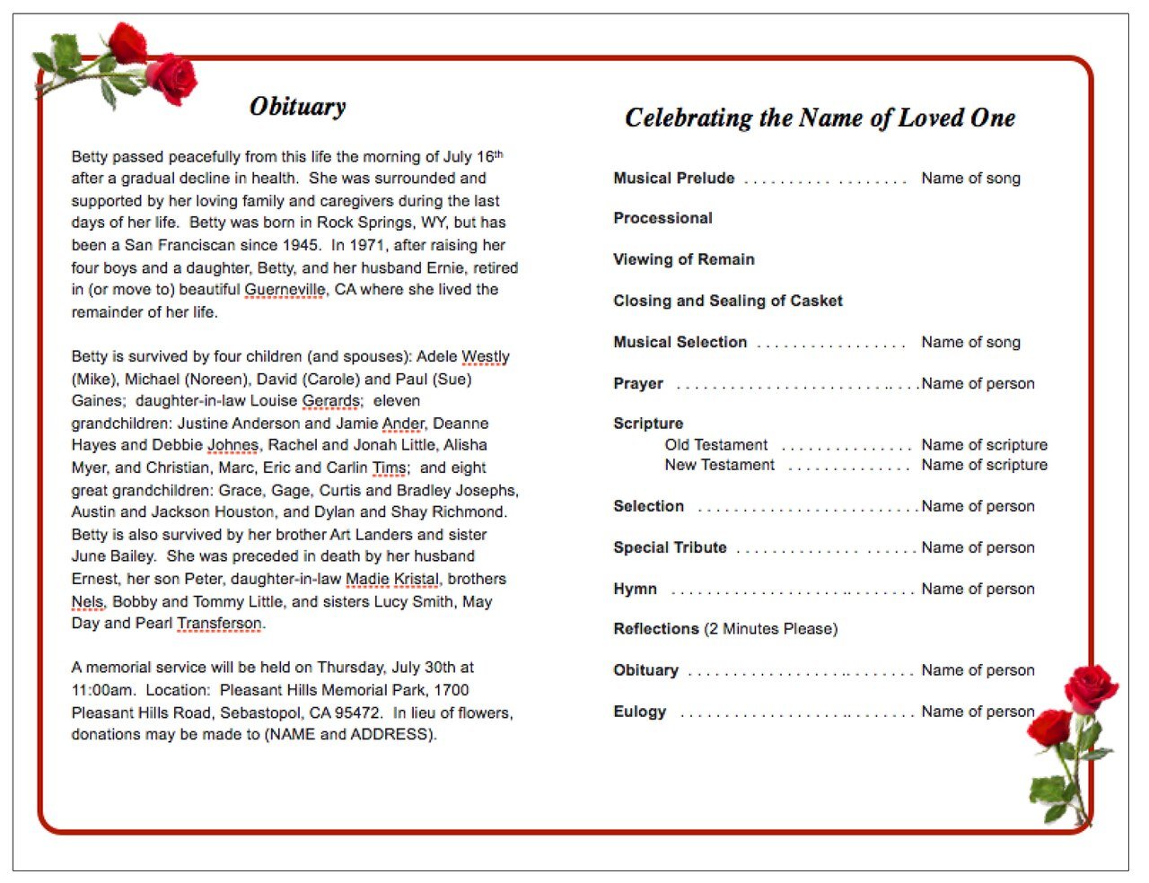 Red Roses Funeral Program Template - The Funeral Program Site