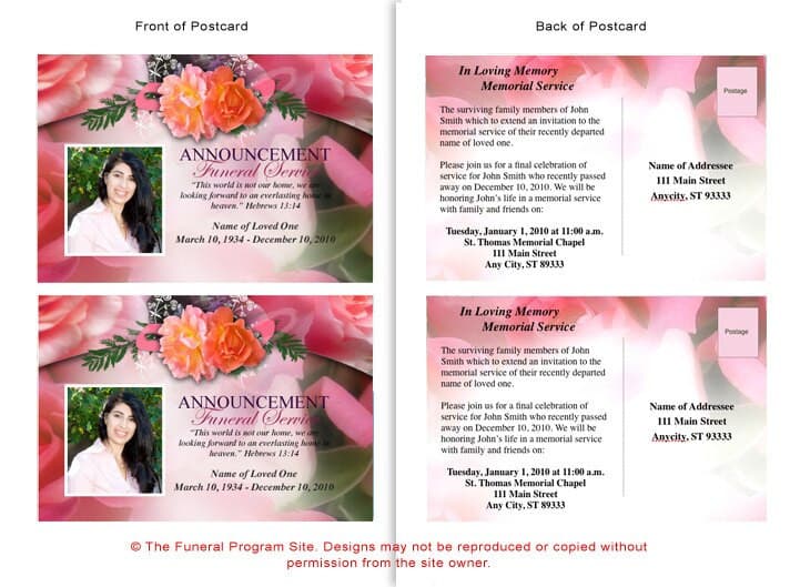 Rosy Funeral Announcement Postcard Template - The Funeral Program Site