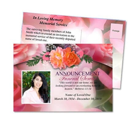 Rosy Funeral Announcement Postcard Template - The Funeral Program Site