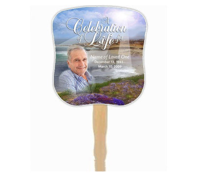 Seascape Cardstock Memorial Fan With Wooden Handle (Pack of 10) - The Funeral Program Site