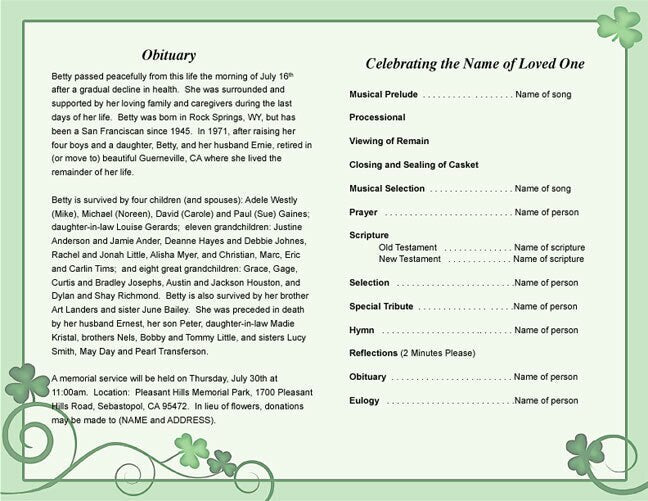 Shamrock Funeral Program Template - The Funeral Program Site