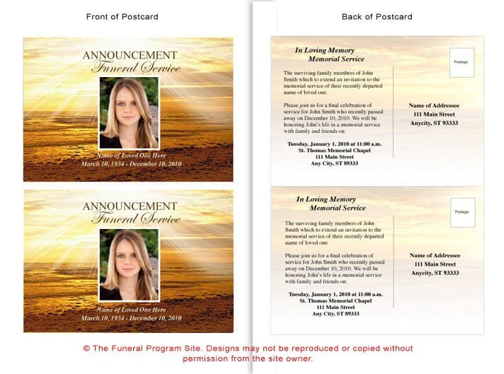 Shine Funeral Announcement Postcard Template - The Funeral Program Site