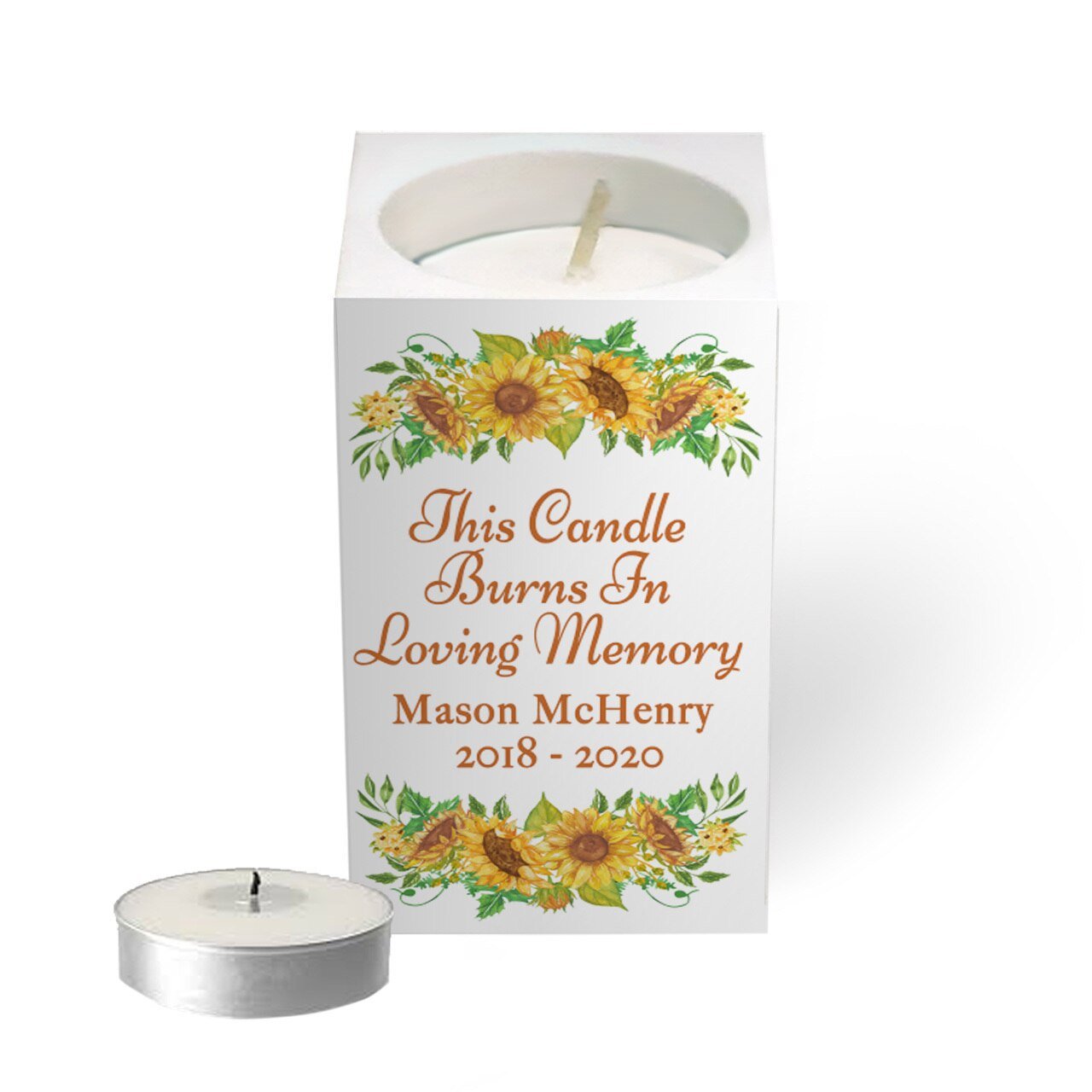 Sunflowers Personalized Mini Memorial Tea Light Candle Holder - The Funeral Program Site