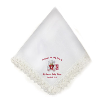 Teddy Lace Trim Embroidered Memorial Handkerchief - The Funeral Program Site