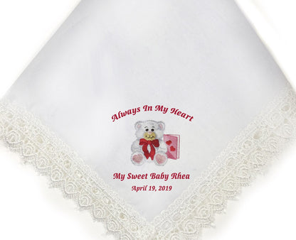 Teddy Lace Trim Embroidered Memorial Handkerchief - The Funeral Program Site