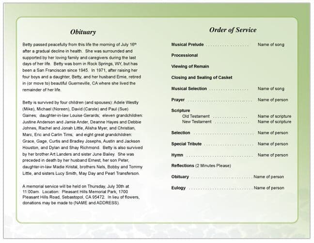 Tranquil Funeral Program Template - The Funeral Program Site