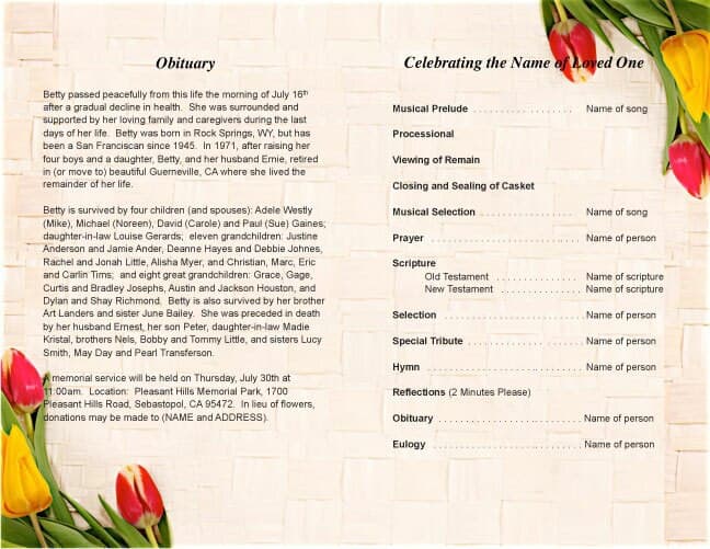 Tulips Funeral Program Template - The Funeral Program Site