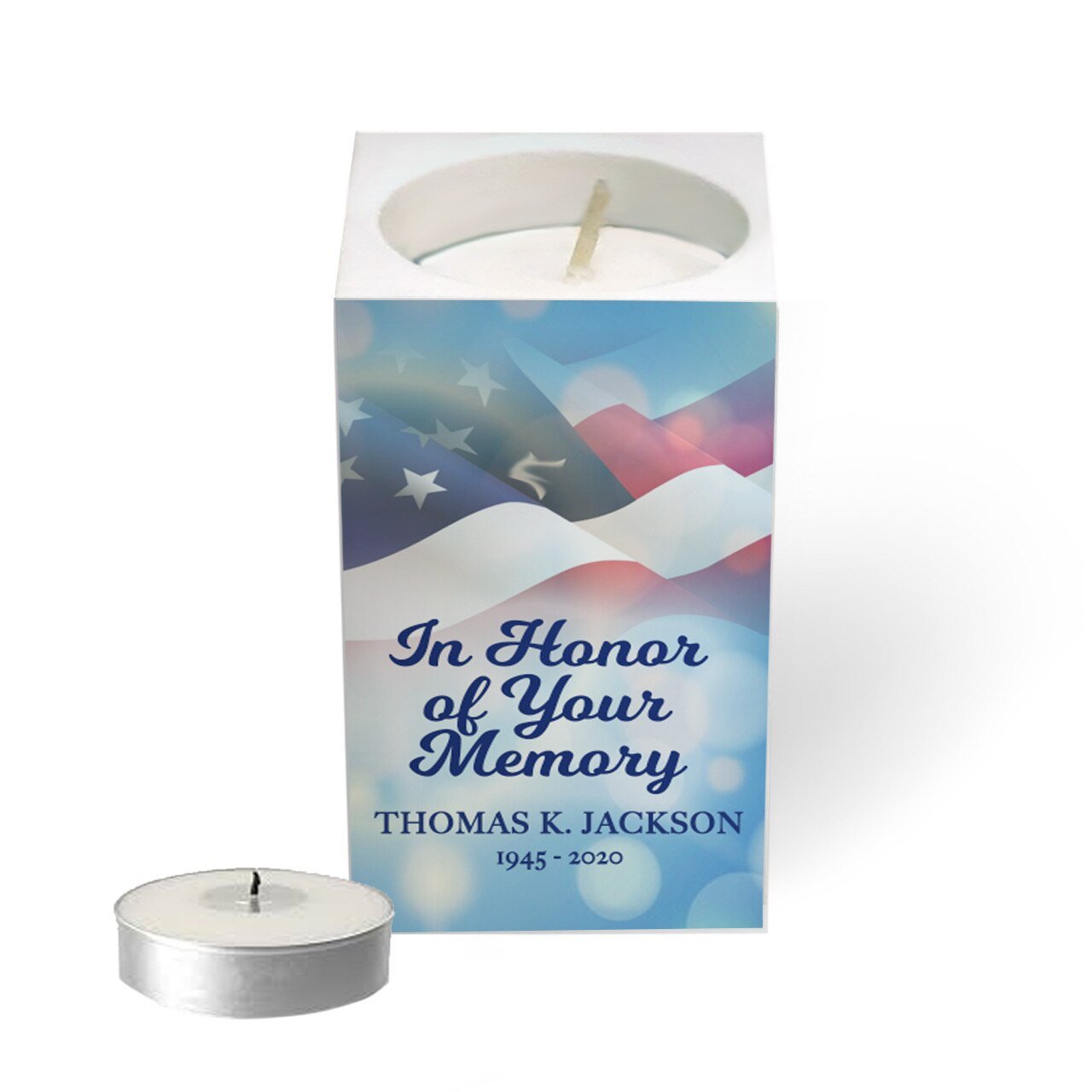 US Flag Personalized Mini Tea Light Memorial Candle & Holder - The Funeral Program Site